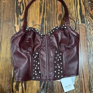 AKIRA NWT burgundy pleather Corset with Rhinestone Accents